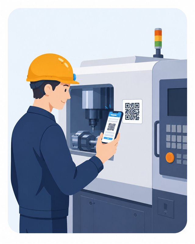機械に貼られたQRコードをスマートフォンで読み取る作業者